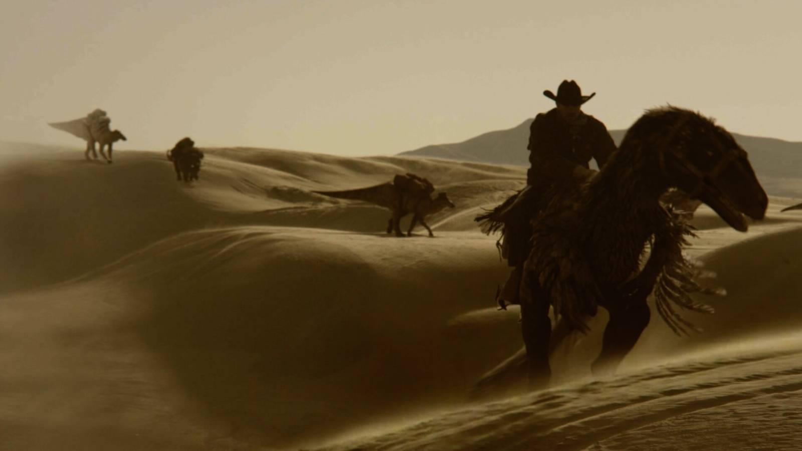 „Jurassic Park“ se setkává s „Tombstone“ v novém sci-fi westernu, kde kovbojové jezdí na dinosaurech